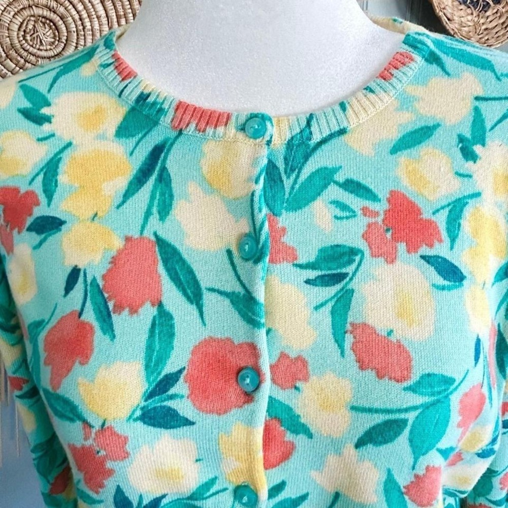LL Bean Womens Floral Cardigan Sweater Blue Yellow Coral Button Front Large REG